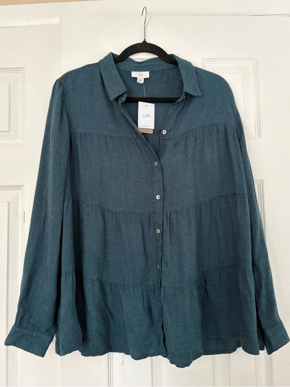 J Jill Teal Button-Front Tiered Blouse size Medium